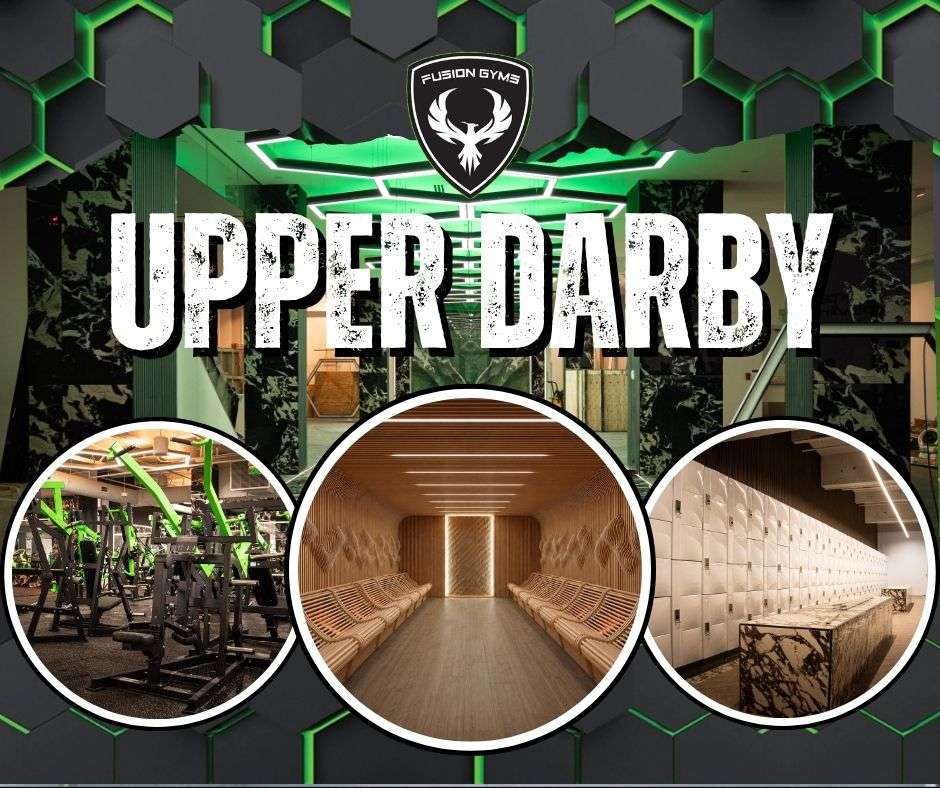 Fusion Gyms Upper Darby, opening soon: entrance under green hexagon lights, strength floor, dry sauna, and the marble locker room