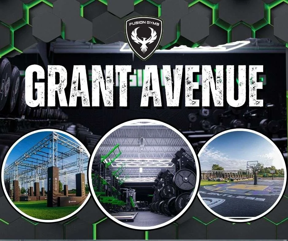 Fusion Gyms Grant Avenue: outdoor training rig, indoor strength floor with plate storage, and outdoor basketball court